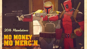 Deadpool and Boba Fett in “Mo Money Mo Merc’n” Art