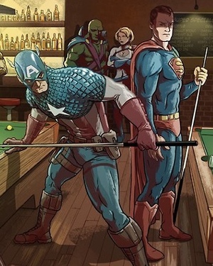 Superheroes Playing Pool in the Superbar