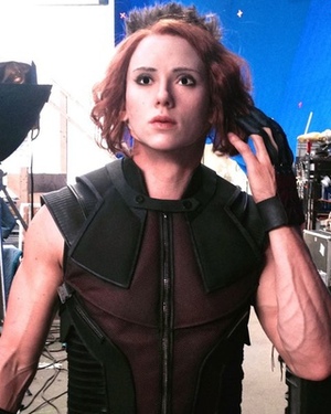 Unsettling Photo of Hawkeye Wearing a Black Widow Mask on AVENGERS 2 Set