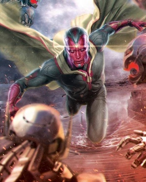 Vision Battles Drones in AVENGERS: AGE OF ULTRON Promo Art