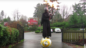 Watch: Kylo Ren Rides BB-8 and Plays Flaming Bagpipes