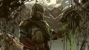 Boba Fett Admires His Alien Trophy in Sci-Fi Franchise Crossover Art