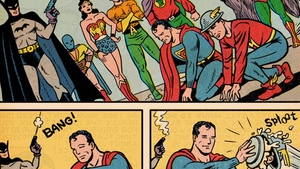 Superman Pranks The Flash in a Race in Funny Comic Strip Art from Kerry Callen