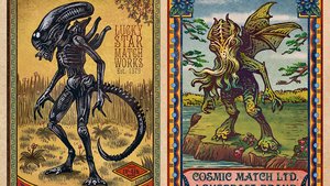 Vintage Matchbox-Style Art Featuring Mythological Creatures Like Cthulhu, Xenomorphs, and Godzilla